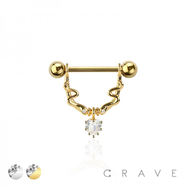 SNAKE CZ DANGLE HEART 316L SURGICAL STEEL NIPPLE RING